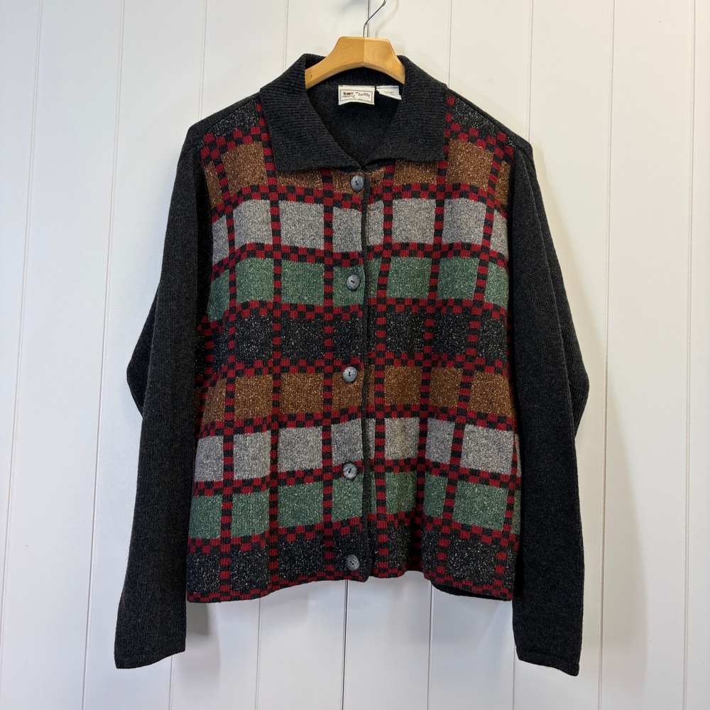 Vintage Maglia Donna Grannycore Checkered Cardigan Sweater Womens Large